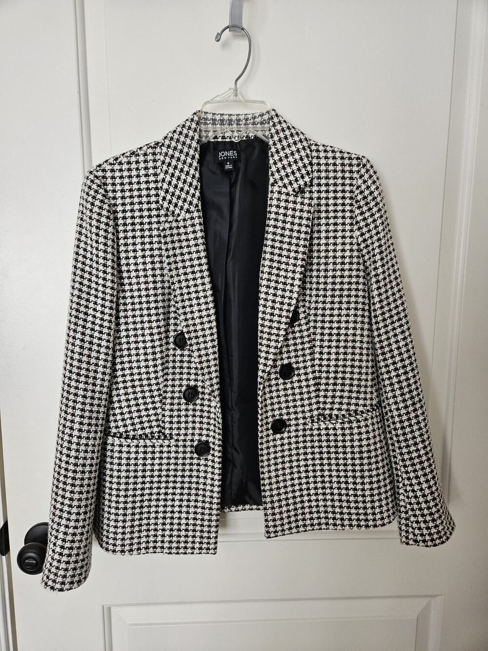 Women Jones New York S Double Breasted Tweed Blazer Jacket Sz Small Black White